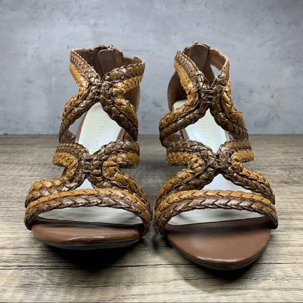 ETIENNE AIGNER E-Peanut Wedge Zip Up Strappy Sandals Shoes Brown Women's 7.5M‎